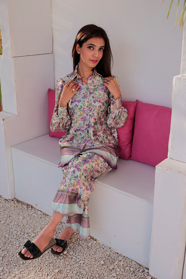 Orchid Olive Elegance | 2 Pc Silk Suit