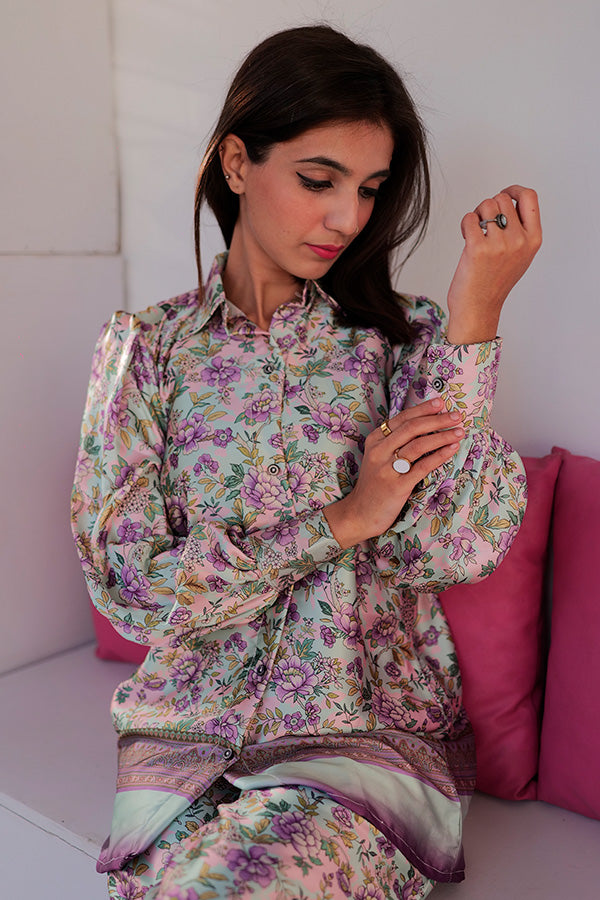 Orchid Olive Elegance | 2 Pc Silk Suit